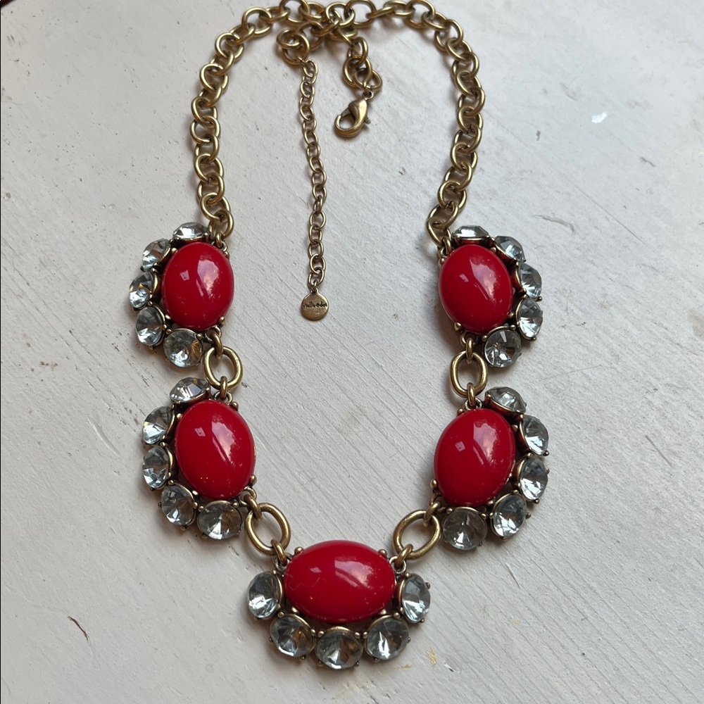 Retired Stella & Dot red cabochon faceted crystal statement necklace 22”